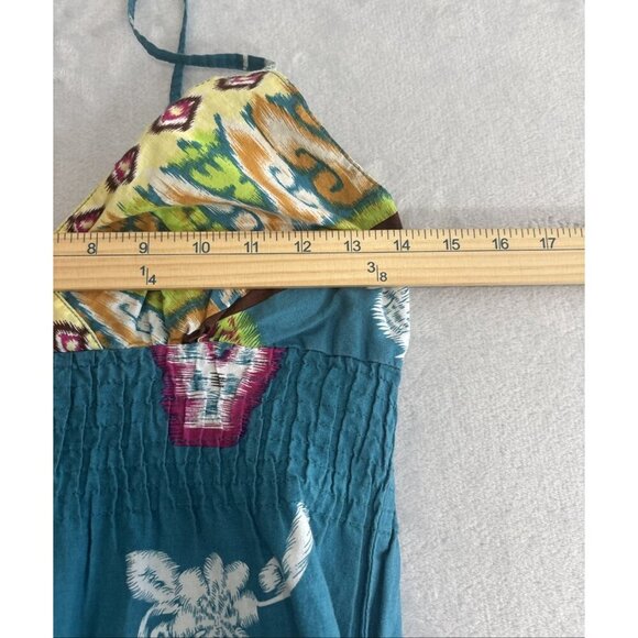 She's Cool Turquoise Maxi Sundress Shirring Under Bust Boho Print Women's Size 8 - Picture 3 of 7